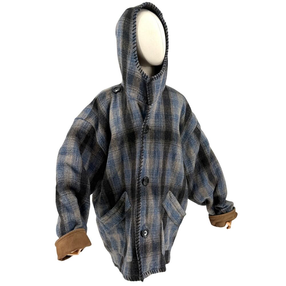 Vintage 90s Free Country Blue Gray Plaid Hooded Blanket Jacket